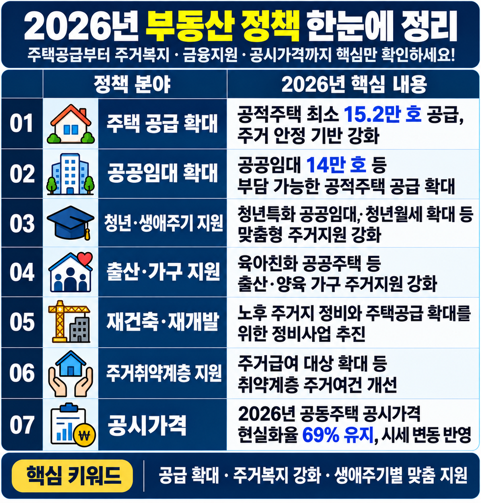 2026년 주택공급부터 주거복지 ·금융지원 ·공시가격까지 부동산 정책 총정리 한눈에 보기