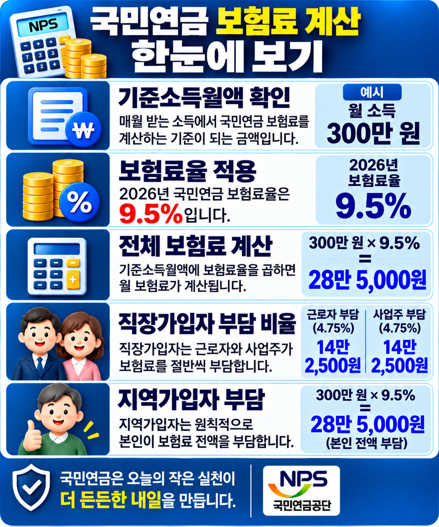 국민연금 보혐료 계산방법과 직장가입자와 지역가입자 부담액 비교