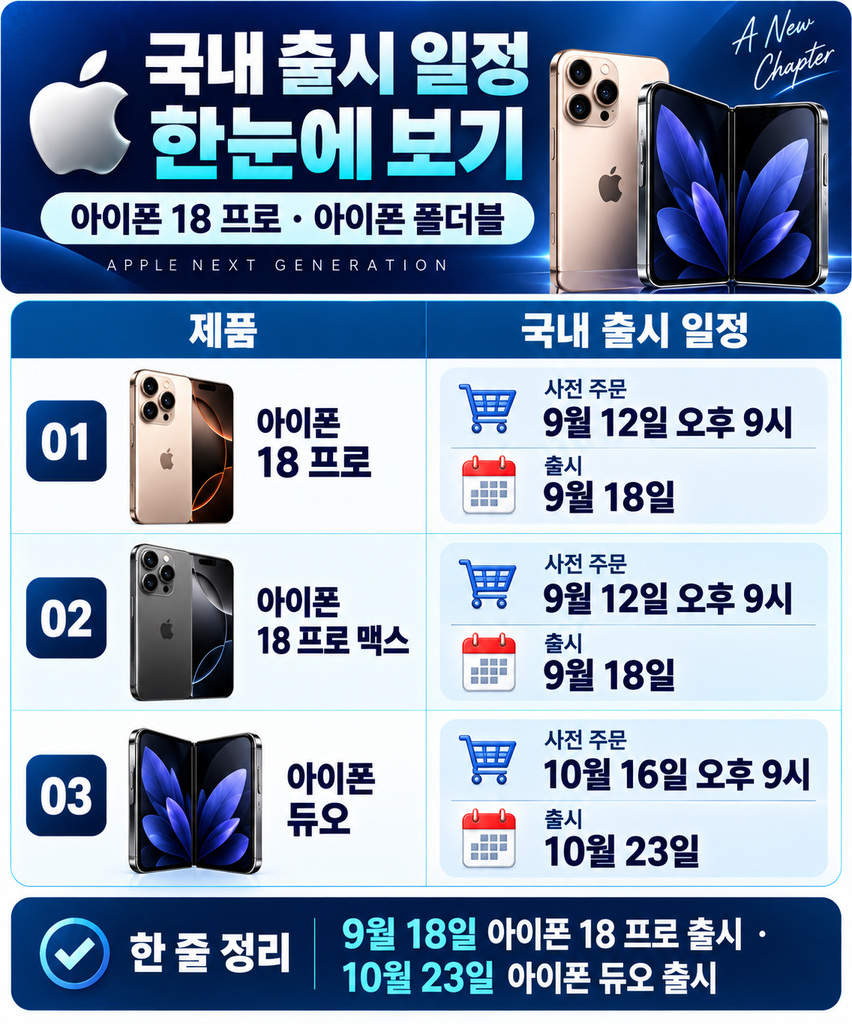 이이폰 18 프로 · 아아폰 18 프로 맥스 ·아이폰 듀오 국내 출시 일정