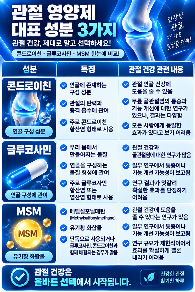콘드로이친, 글루코사민,MSM 관절 영양 성분 3가지 비교