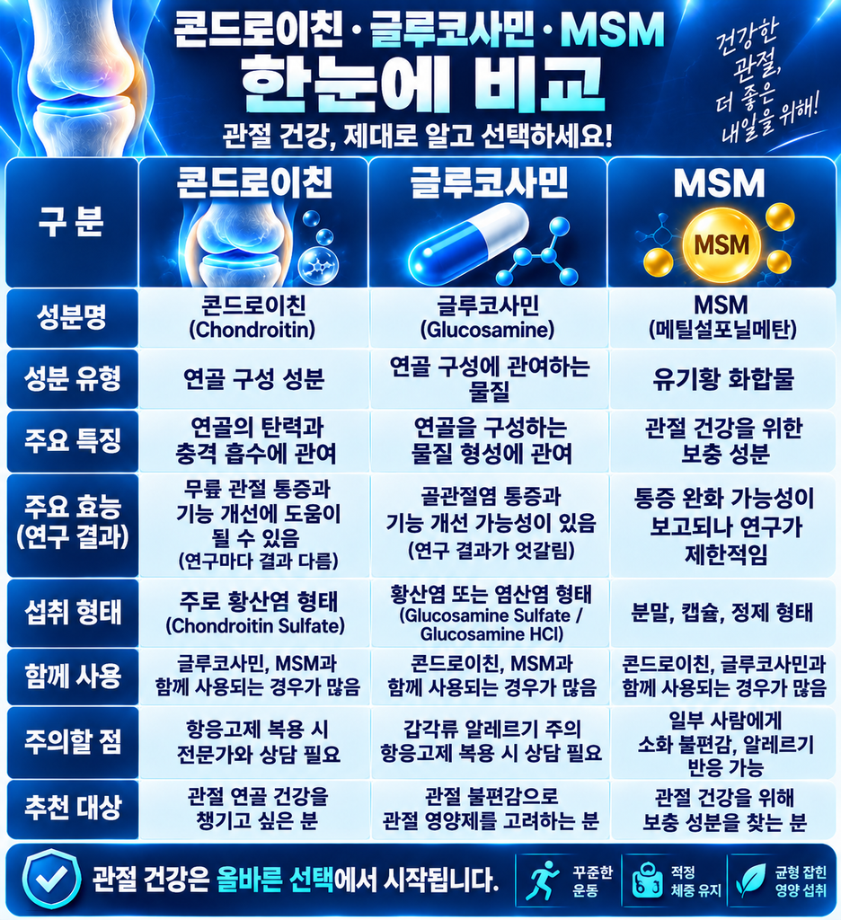 콘드로이친,글루코사민,MSM 의 성분과 주요 효능등 비교