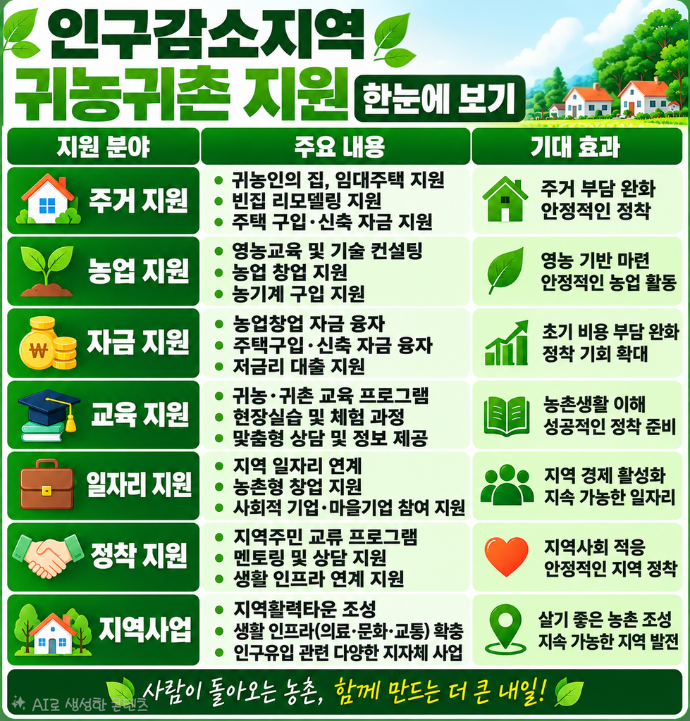 인구감소지역 주거,농업,자금,교육,일자리등 귀농귀촌 지원 총정리