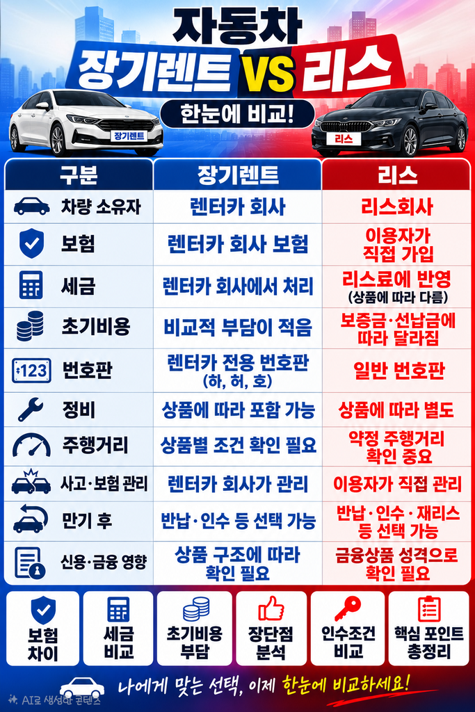 자동차 장기렌트와 리스 한눈에 비교