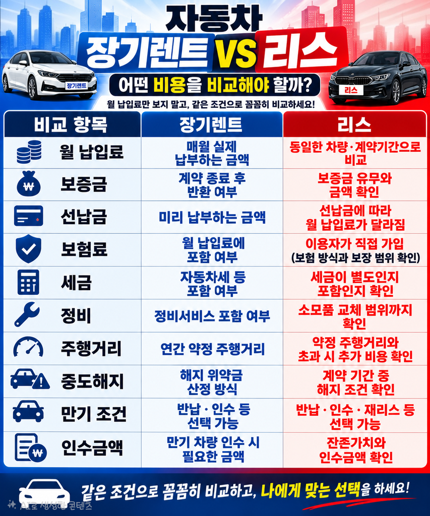 자동차 장기렌트와 리스 비용 비교