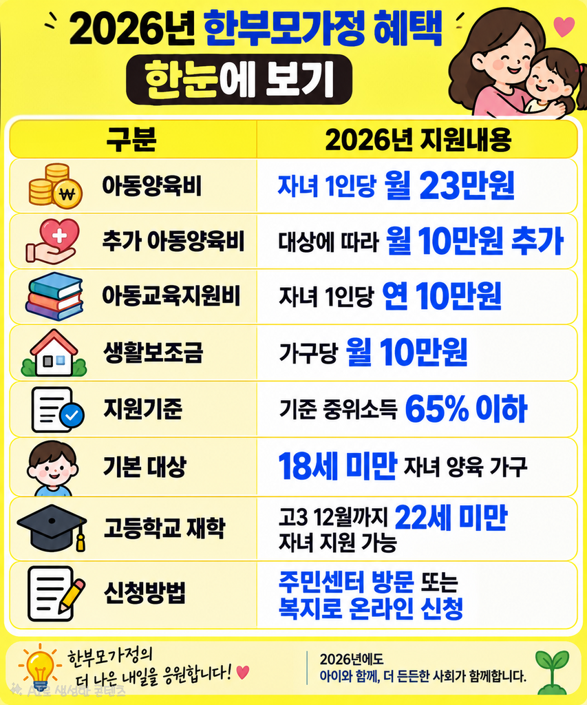 2026년 한부모가정 혜택 한눈에 보기