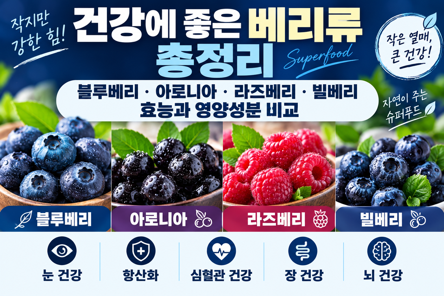 베리류 효능 총정리｜블루베리·아로니아·라즈베리·빌베리 영양성분 비교와 건강에 좋은 이유