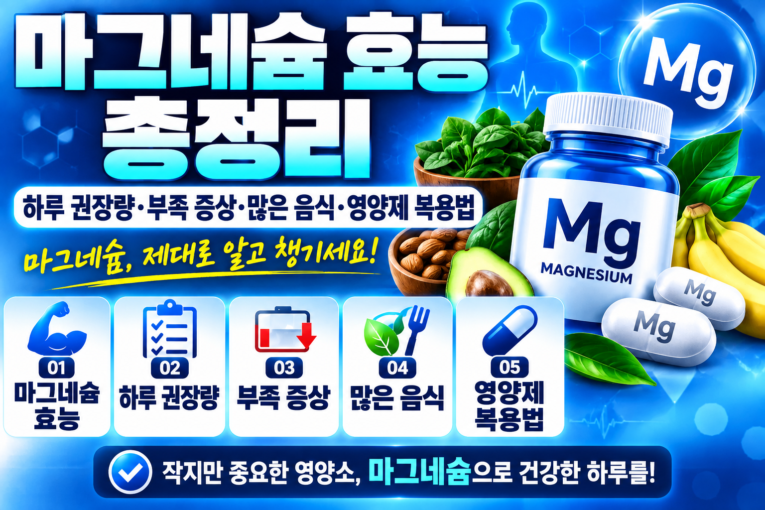 마그네슘 효능 총정리｜하루 권장량·부족 증상·많은 음식·영양제 복용법
