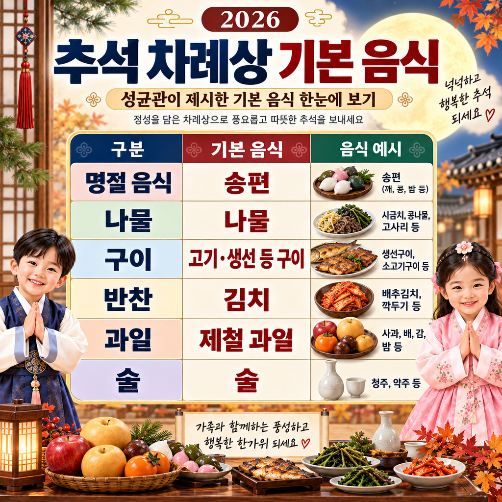 추석 차례상 기본 음식｜송편·나물·고기·생선 구이·김치·제철 과일·술