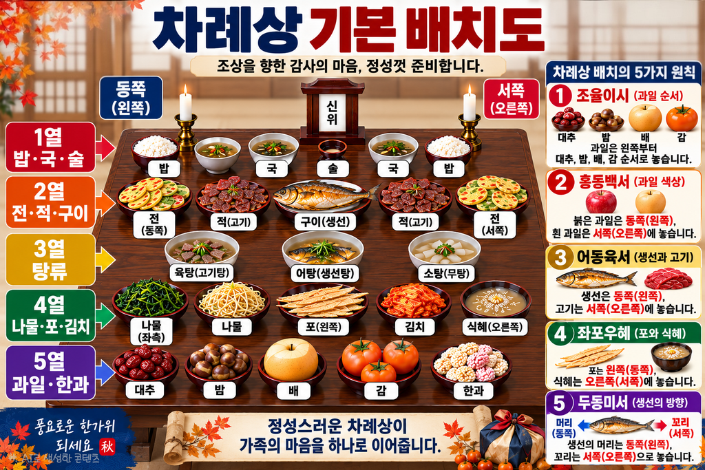 추석 차례상 기본 배치도｜1열부터 5열까지 음식 배치와 조율이시·홍동백서·어동육서·좌포우혜