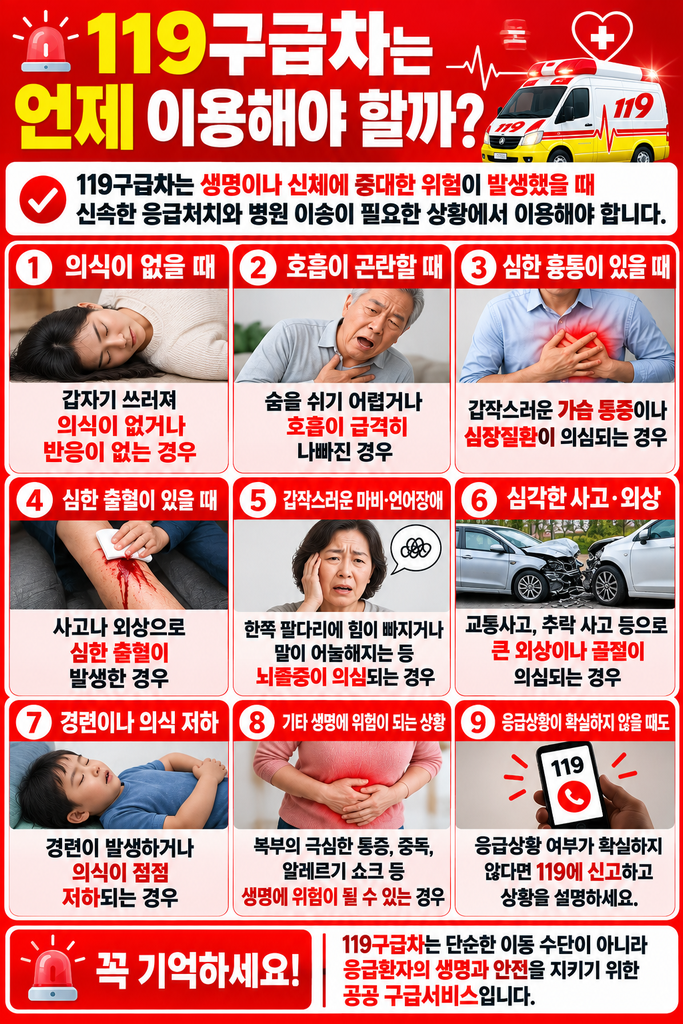 119구급차 이용이 필요한 주요 응급 상황