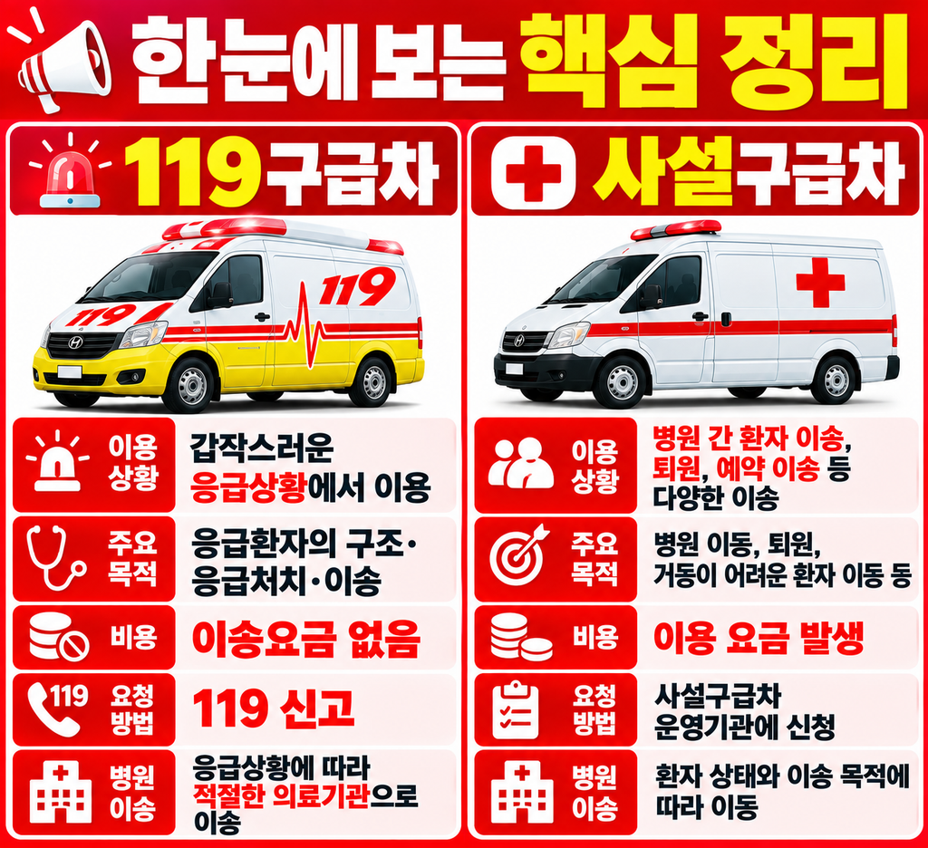 사설구급차와 119구급차의 이용 차이 한눈에 비교